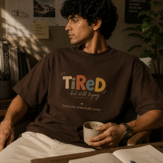 Tired, but still trying | Oversized T-Shirt | ChocolateBrown