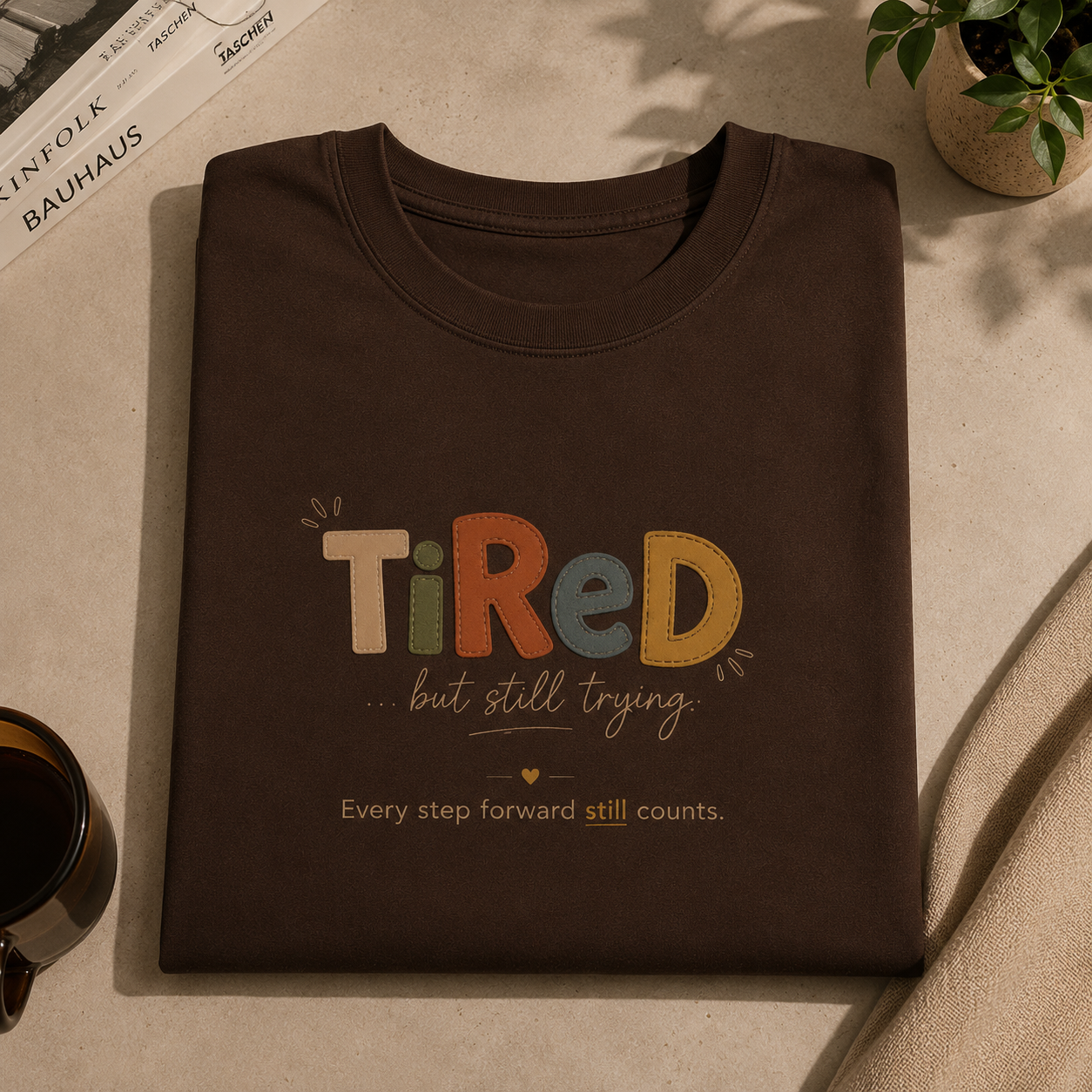 Tired, but still trying | Oversized T-Shirt | ChocolateBrown